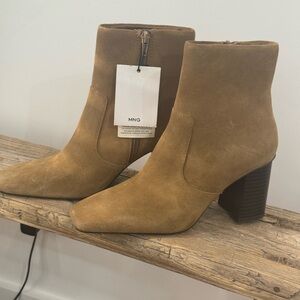 Mango Suede Chestnut Ankle Boots with Block Heel